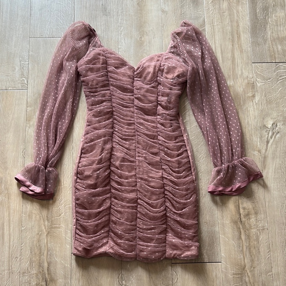 Haute Monde Pink Ruched Bodycon Dress with Bishop Sleeves Size Medium